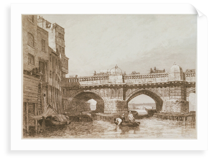 Old London Bridge, with river craft and warehouses by Edward William Cooke