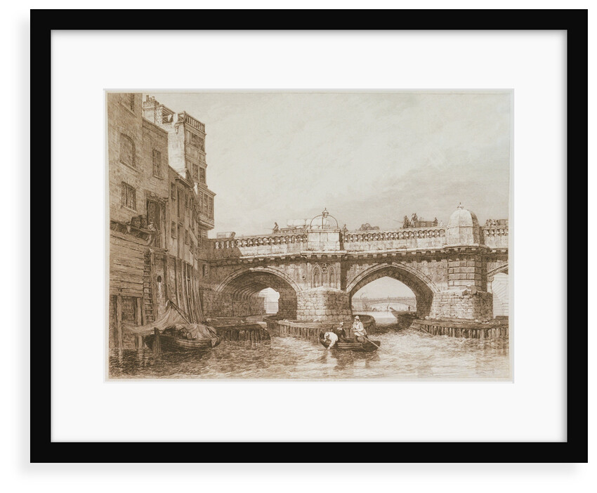Old London Bridge, with river craft and warehouses by Edward William Cooke