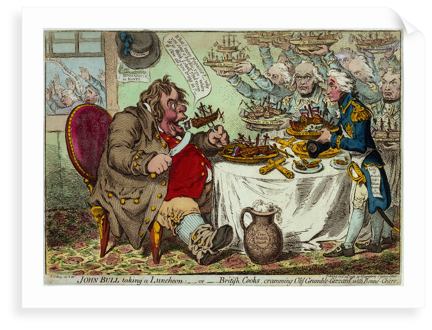 John Bull taking a Luncheon:  - or - British Cooks, cramming Old Grumble-Gizzard, with Bonne-Chere by James Gillray