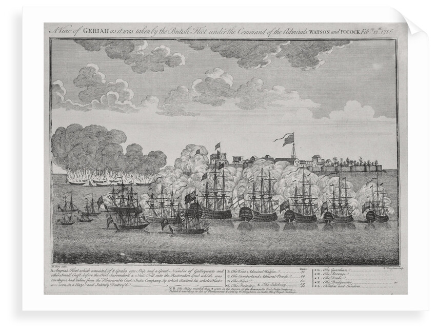 A view of Geriah as it was taken by the British fleet under the command of the Admirals Watson and Pocock February 13th 1756 by M. Hore