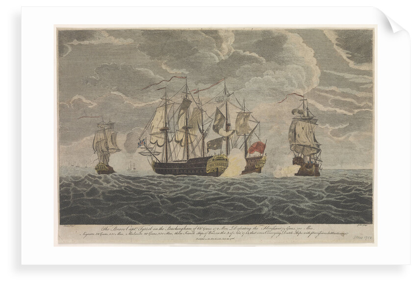 The brave Captain Tyrrel in the 'Buckingham' of 66 guns & 472 men defeating the 'Florissant', 'Aigrette' & 'Atlante', three French Ships of War, the 3rd of November 1758 by Francis Swaine