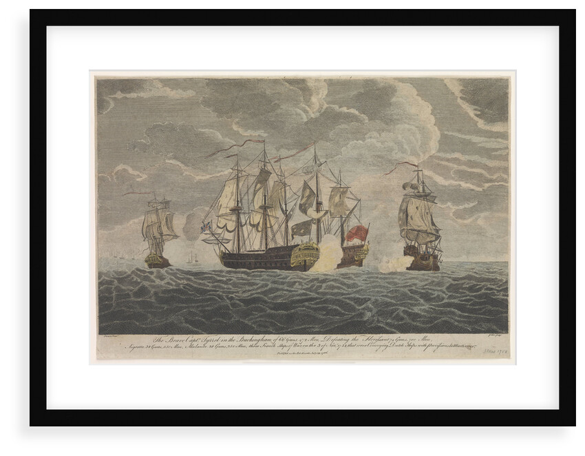 The brave Captain Tyrrel in the 'Buckingham' of 66 guns & 472 men defeating the 'Florissant', 'Aigrette' & 'Atlante', three French Ships of War, the 3rd of November 1758 by Francis Swaine