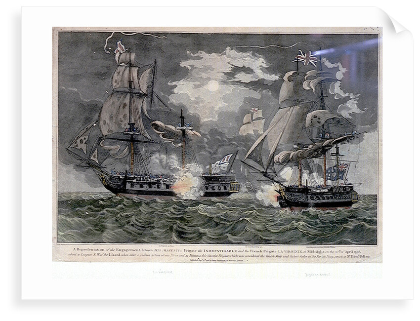 A Representation of the Engagement between His Majesty's Frigate the 'Indefatigable' and the French Frigate 'La Virginie', at Midnight, on the 20th of April 1796... struck to Sir Edward Pellew by John Fairburn