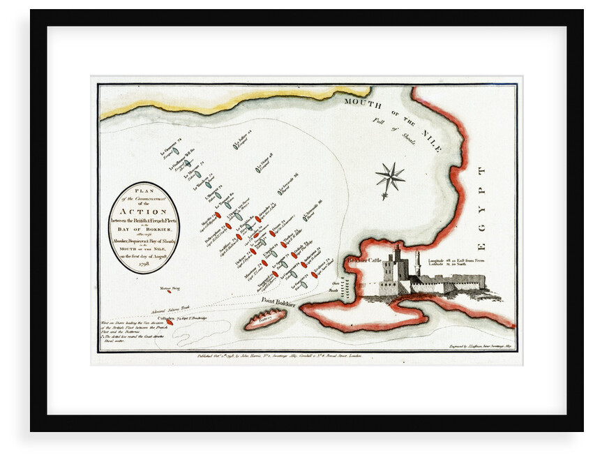 Plan of the commencement of the action between the British & French fleets in the Bay of Bokkier, otherwise Abouker, Bequieres & Bay of Shoals, in the Mouth of the Nile, 1 August 1798 by J. Luffman