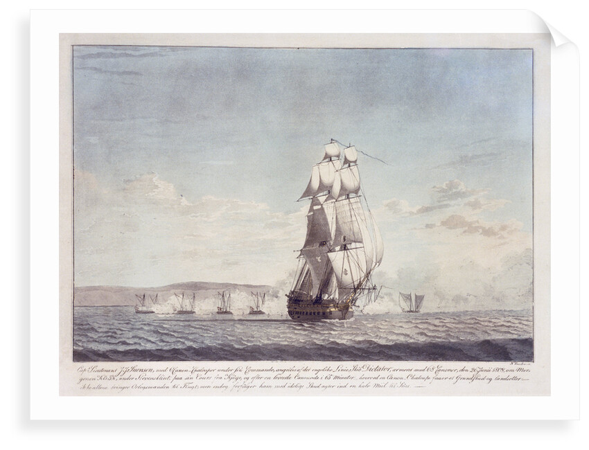64-gun ship 'Dictator' (1783) engaging Danish gunboats, 26 June 1808 by N. Truslew