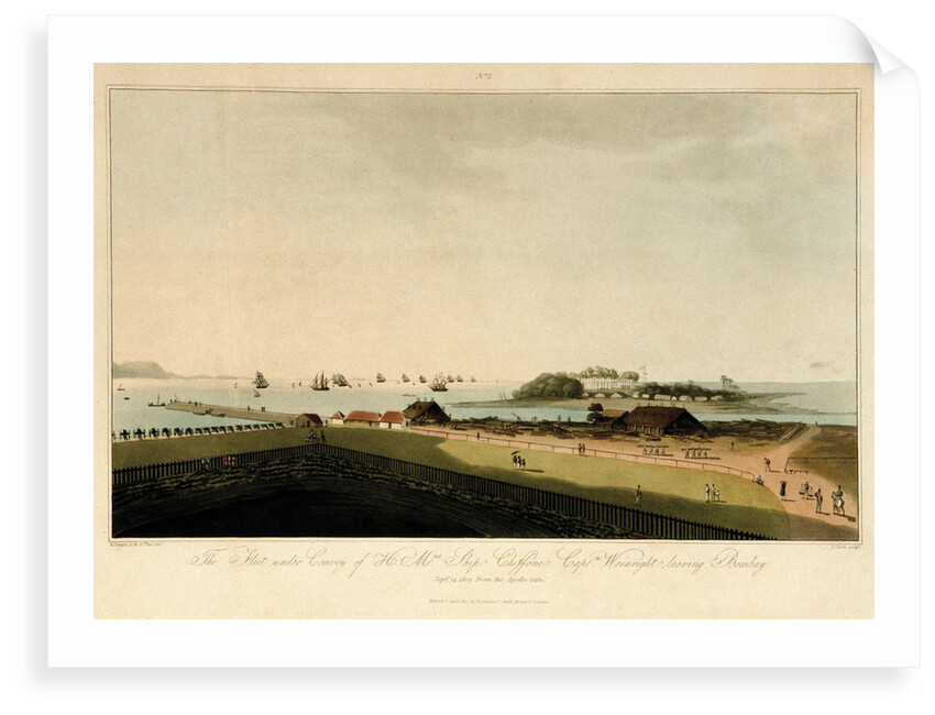 No.1 'The fleet under convoy of HMS 'Chiffone', under Captain Wainright, leaving Bombay on 14 September 1809 from the Apollo Gate' by R. Temple