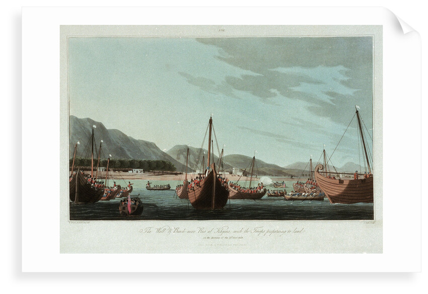No. 6 'The wall and beach, near Rus ul Khyma, with troops preparing to land, 13 November 1809' by R. Temple