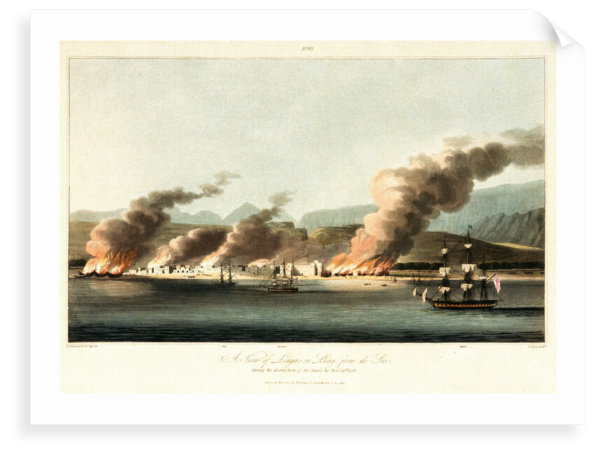 No. 10 'A view of Linga or Lung, from the sea, during the destruction of dhows on 16 November 1809' by R. Temple