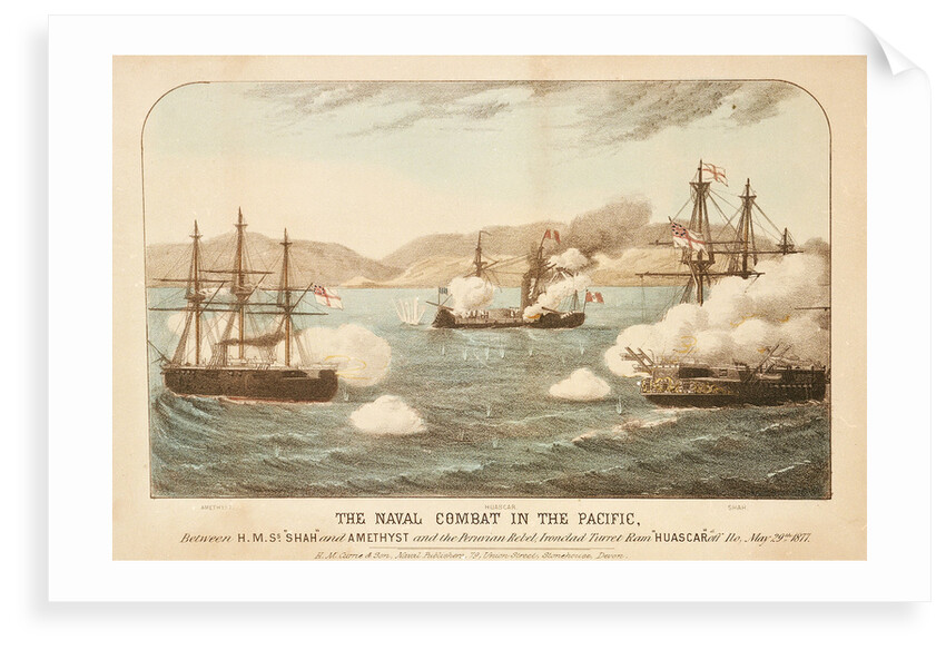 The naval combat in the Pacific, between HMS 'Shah' and 'Amethyst' and the Peruvian Rebel, Ironclad Turret Ram Huascar off Ilo, 29 May 1877 by H.M. Currie & Son