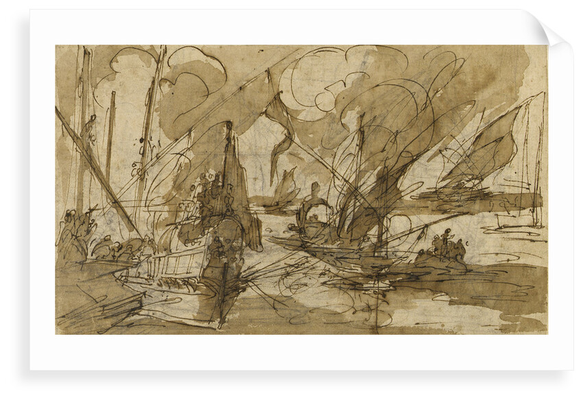 Galleys in a Mediterranean harbour by Italian School