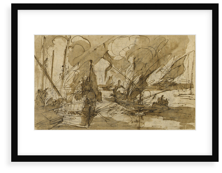Galleys in a Mediterranean harbour by Italian School