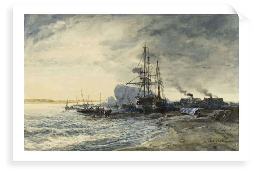 Fishing boats on the seashore by Jules Achille Noel