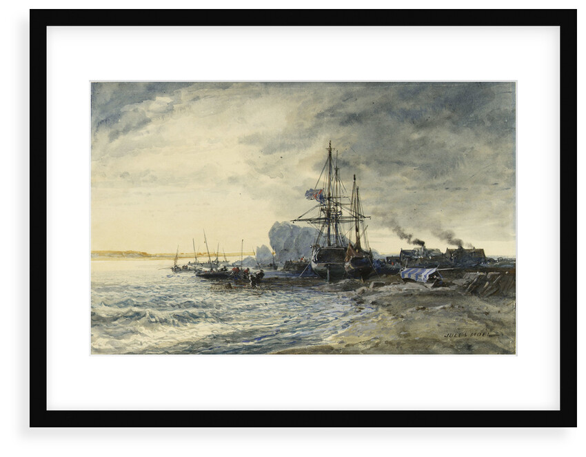 Fishing boats on the seashore by Jules Achille Noel