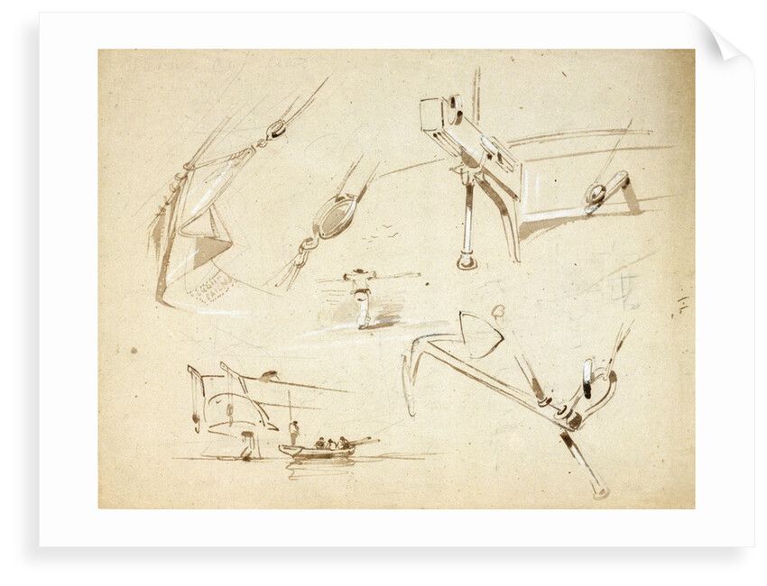 Sketches of two stern views of ships also of an anchor and rigging by Oswald Walter Brierly
