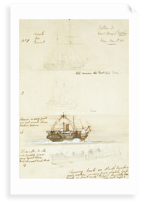 Four sketches of HM Survey ship 'Merlin', 9 May 1856 by Oswald Walter Brierly