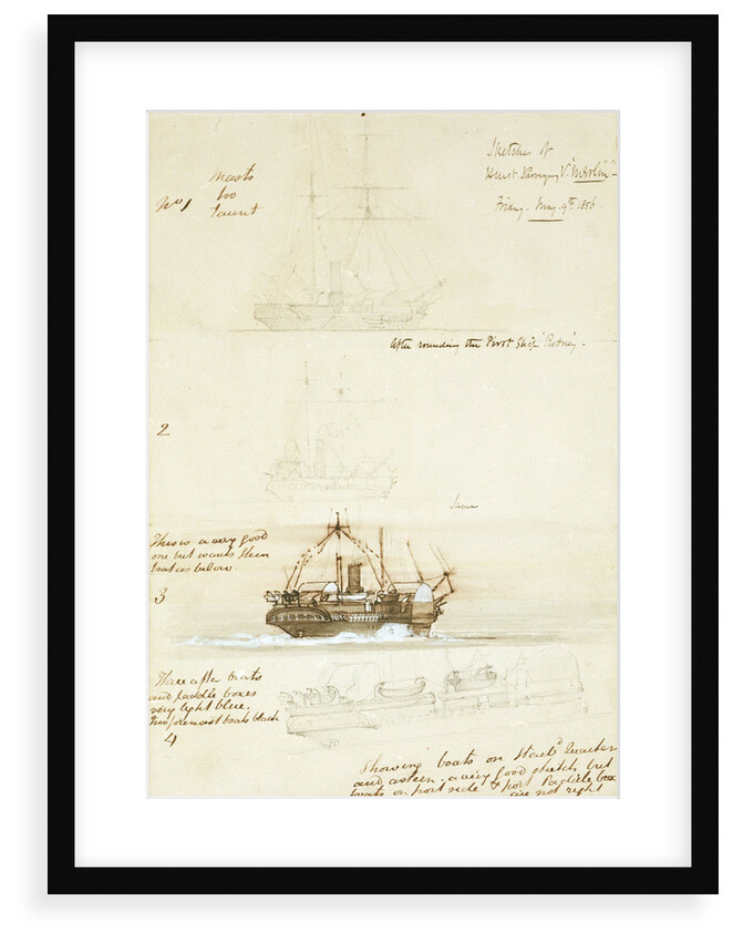 Four sketches of HM Survey ship 'Merlin', 9 May 1856 by Oswald Walter Brierly