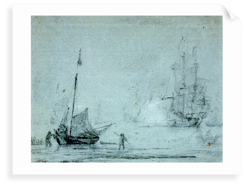 A fishing vessel ashore with fishermen casting a net by Samuel Scott