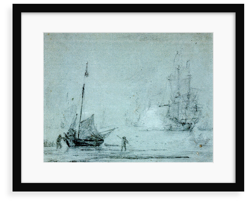 A fishing vessel ashore with fishermen casting a net by Samuel Scott