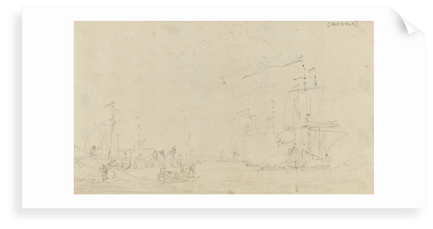 Sketch of a small sailing vessel saluting near the shore by Samuel Scott