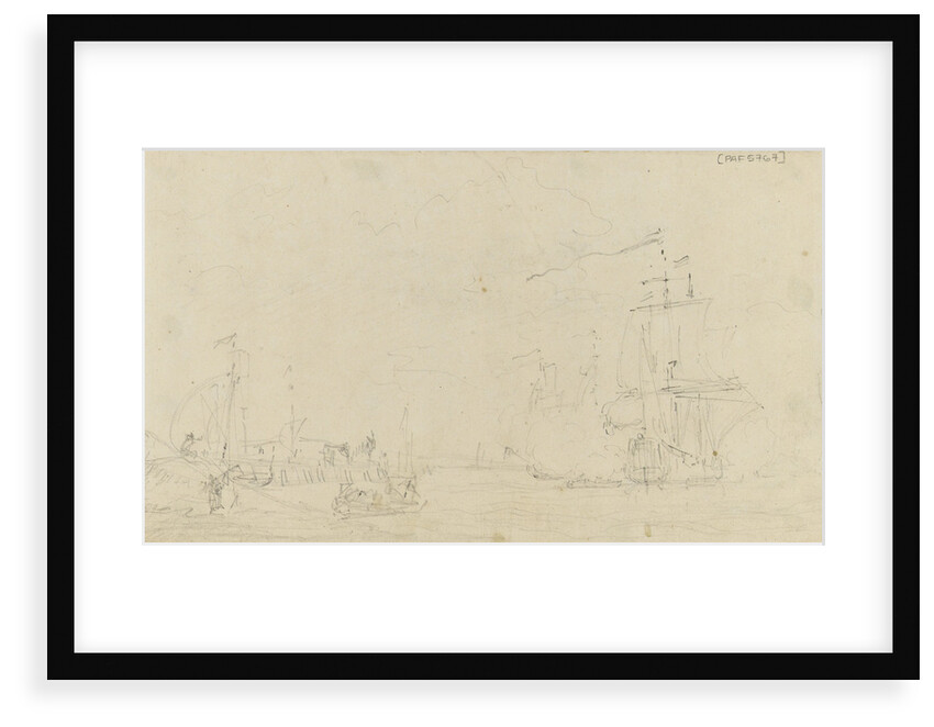 Sketch of a small sailing vessel saluting near the shore by Samuel Scott