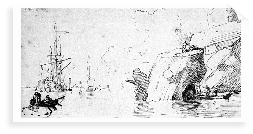 Fisherman and shipping off a rocky coast by Samuel Scott