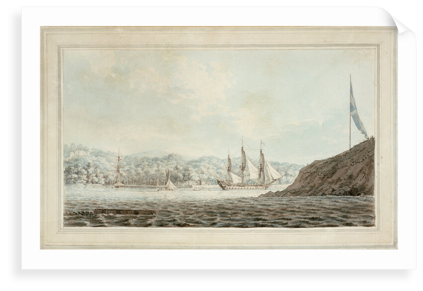 Two frigates in Plymouth harbour opposite Mount Edgcumbe by John Webber