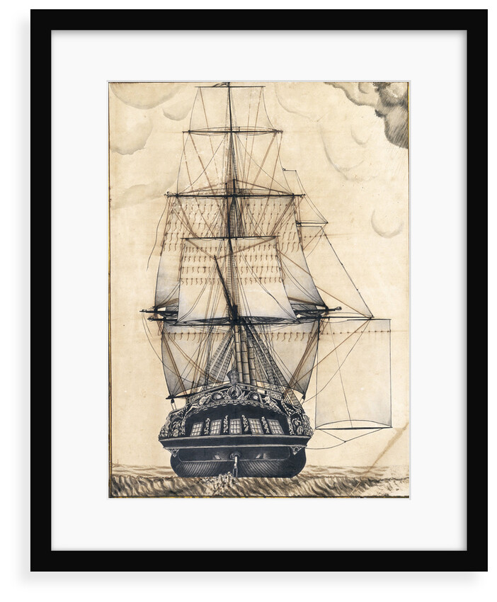Study of the stern gallery of a vessel, also showing the rigging and sails by unknown