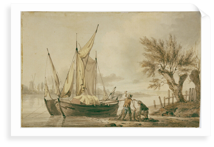 A river scene with fishing boats and fishermen sorting their nets on shore. by John Thomas Serres