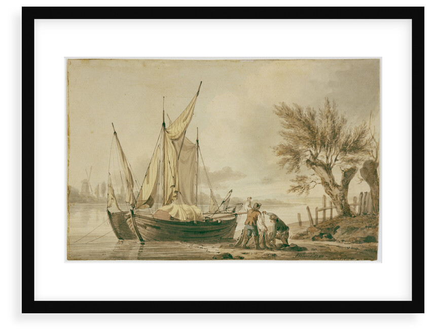 A river scene with fishing boats and fishermen sorting their nets on shore. by John Thomas Serres