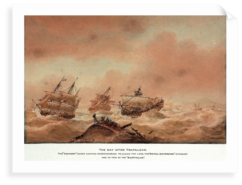The day after Trafalgar; the 'Victory' trying to clear the land with the 'Royal Soveriegn' in tow to the 'Euryalus' by Nicholas Pocock