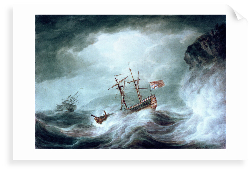 A storm, with an anchored ship in distress off rocky coast by Nicholas Pocock