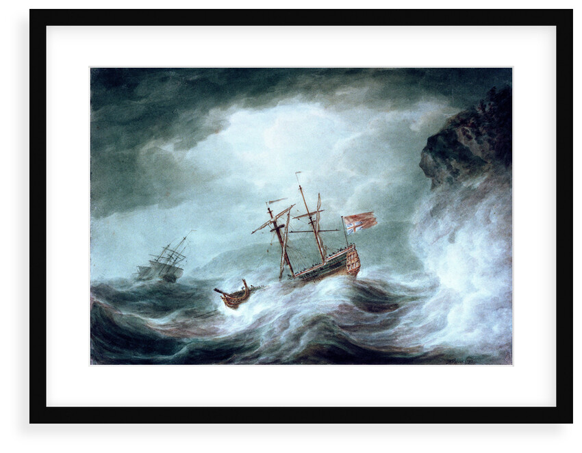 A storm, with an anchored ship in distress off rocky coast by Nicholas Pocock
