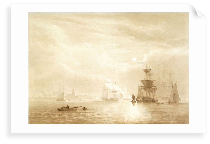 Shipping becalmed off a port by moonlight by John Christian Schetky