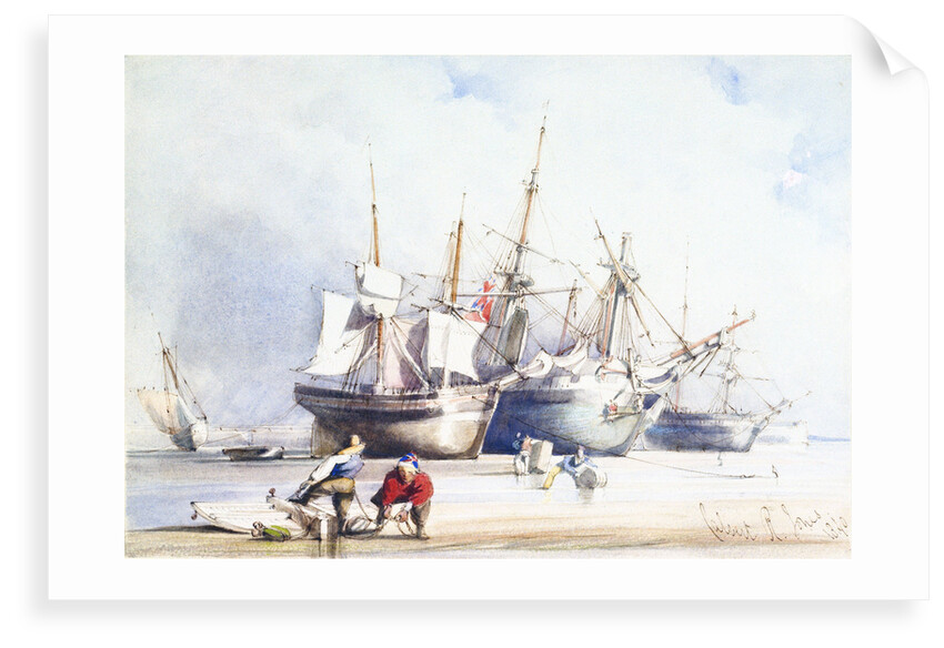 Beached trading vessels and fishermen with block and tackle in foreground, Swansea by Richard Calvert Jones