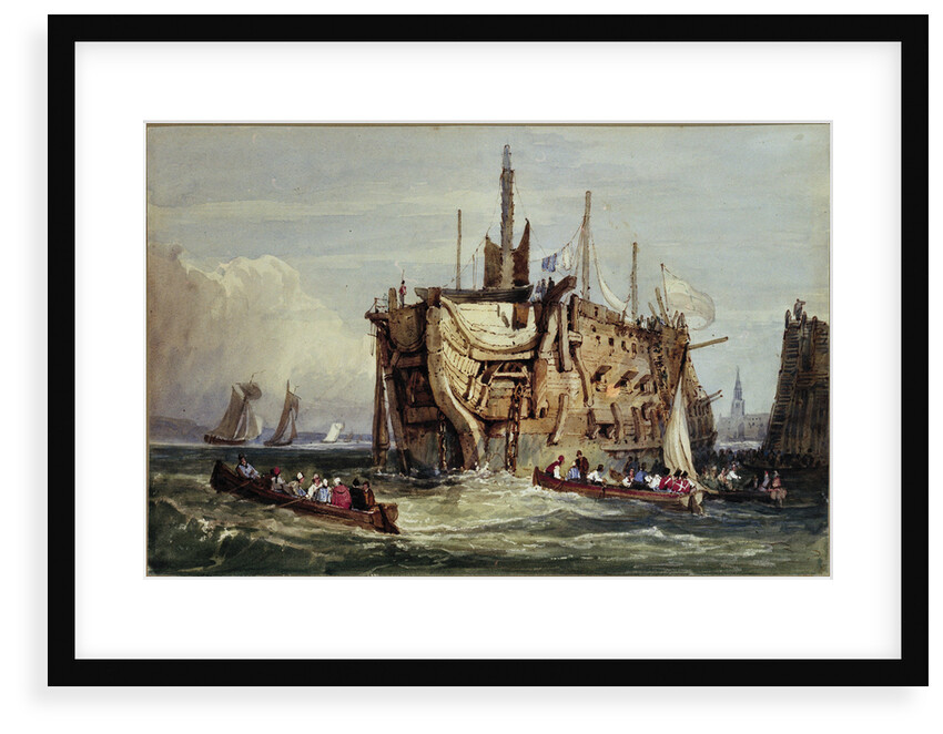 Convicts being rowed out to a prison hulk on the Thames by George Cooke