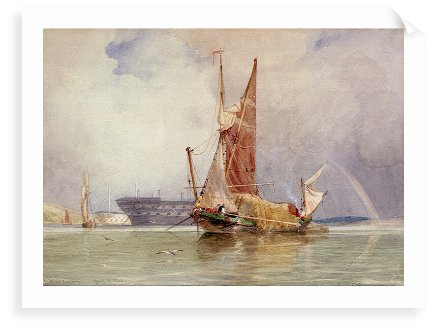 Hay barge and men of war on the Medway, 1833 by Edward William Cooke