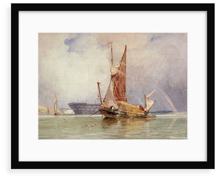 Hay barge and men of war on the Medway, 1833 by Edward William Cooke