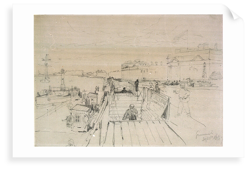 Annotated drawing of Greenwich Pier with a view of the Hospital buildings by Thomas Bush Hardy