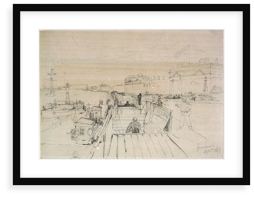 Annotated drawing of Greenwich Pier with a view of the Hospital buildings by Thomas Bush Hardy