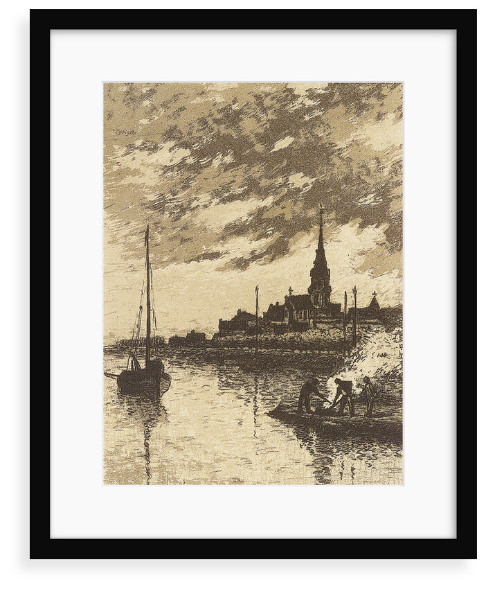 River scene showing a sailing vessel, men working at a fire, and a church by John Everett