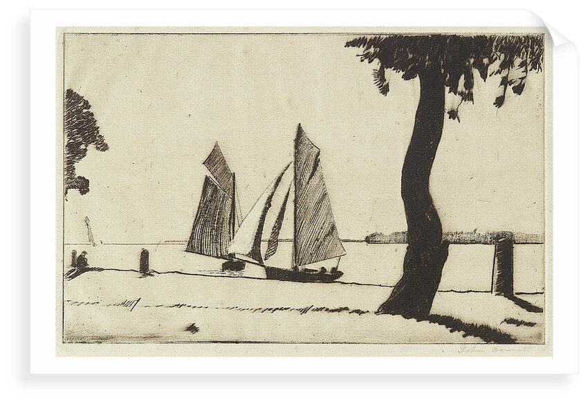 Sailing vessels near a river bank with a tree by John Everett