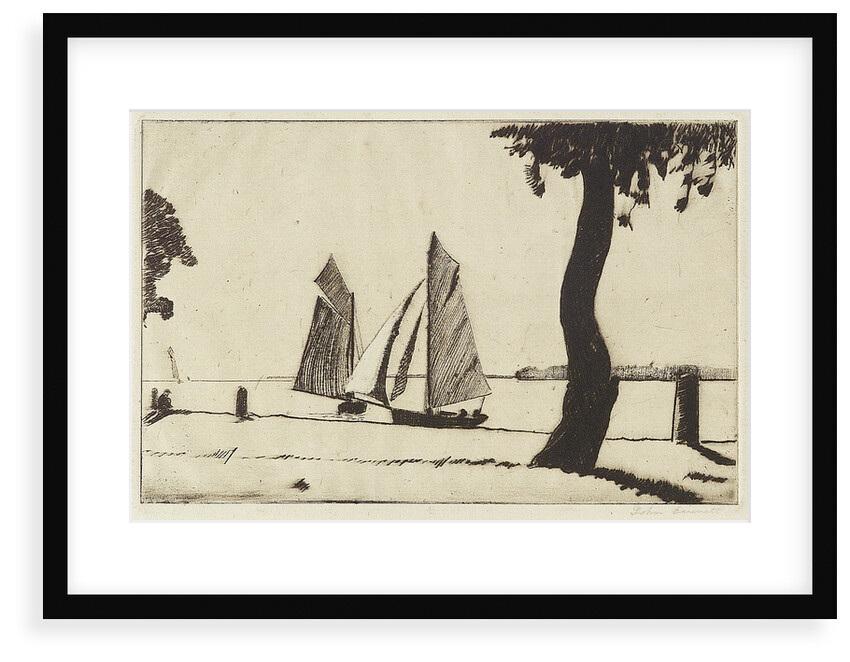 Sailing vessels near a river bank with a tree by John Everett