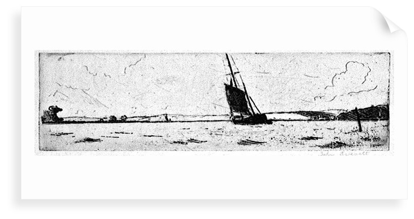 Sailing vessel on open water with hills beyond by John Everett