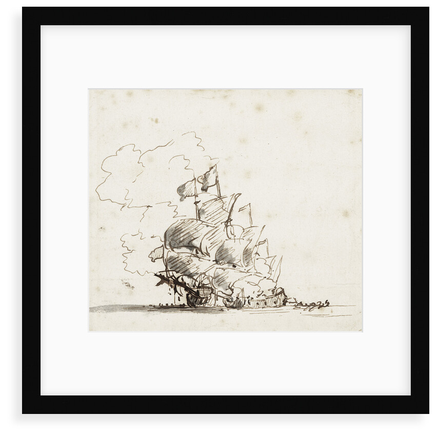 A fireship burning a flagship by Willem Van de Velde the Younger