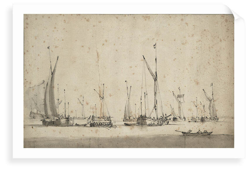 Three galjoots underway and another at anchor by Willem Van de Velde the Younger