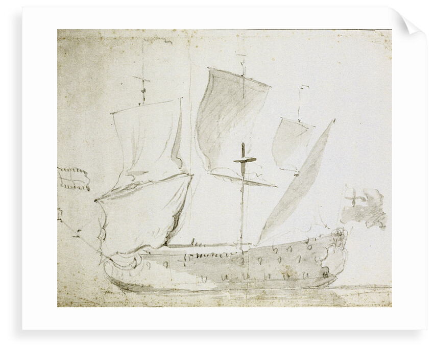 A Guinea merchant ship drying sails by Willem Van de Velde the Younger