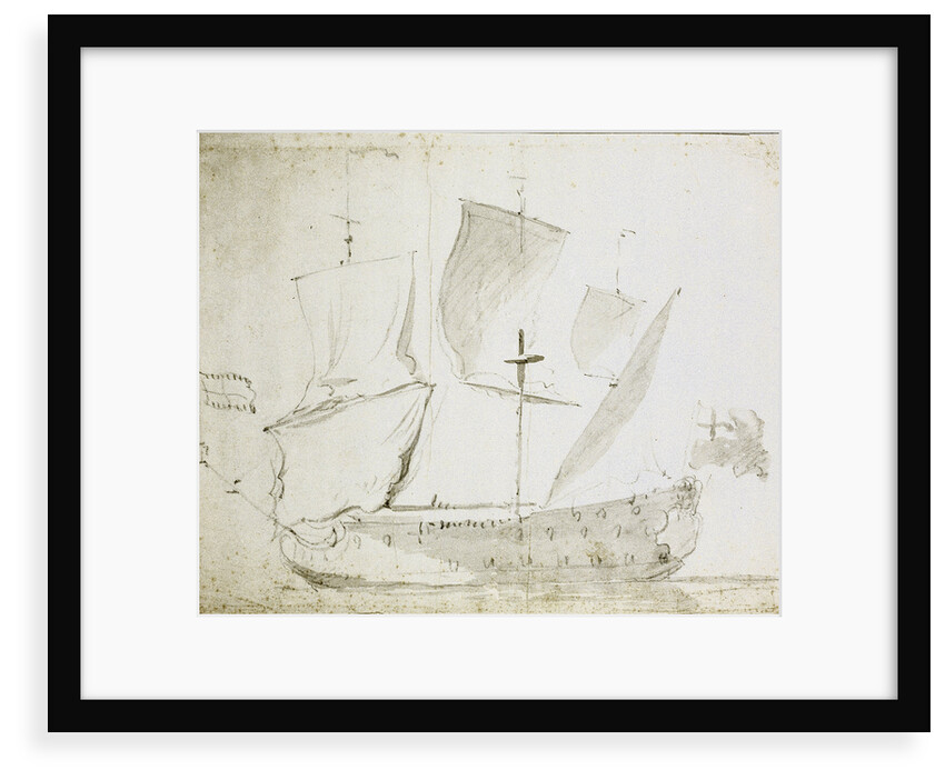 A Guinea merchant ship drying sails by Willem Van de Velde the Younger