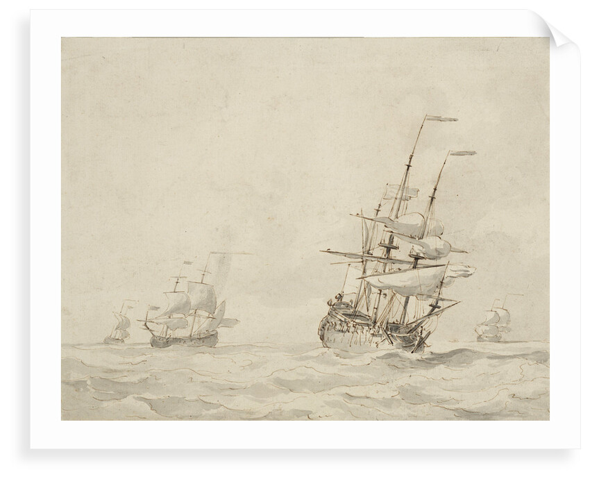 A Dutch flagship shortening sail by Willem Van de Velde the Younger