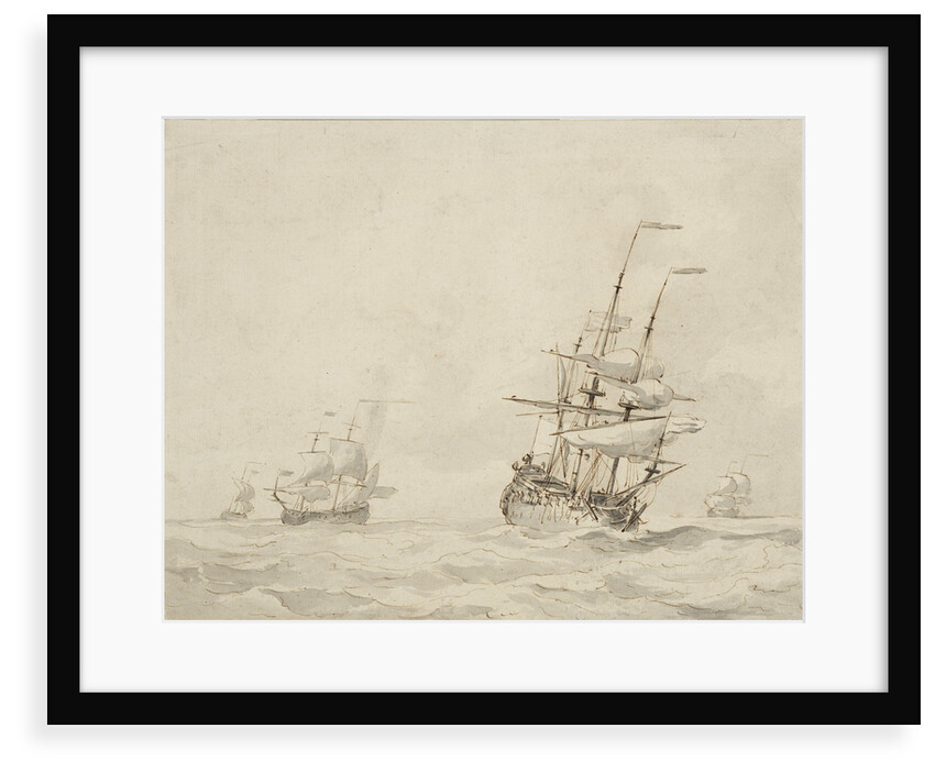A Dutch flagship shortening sail by Willem Van de Velde the Younger