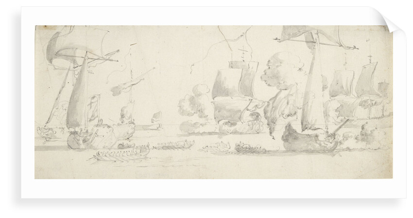 Ships and yachts saluting as barges pull away by Willem van de Velde the Elder